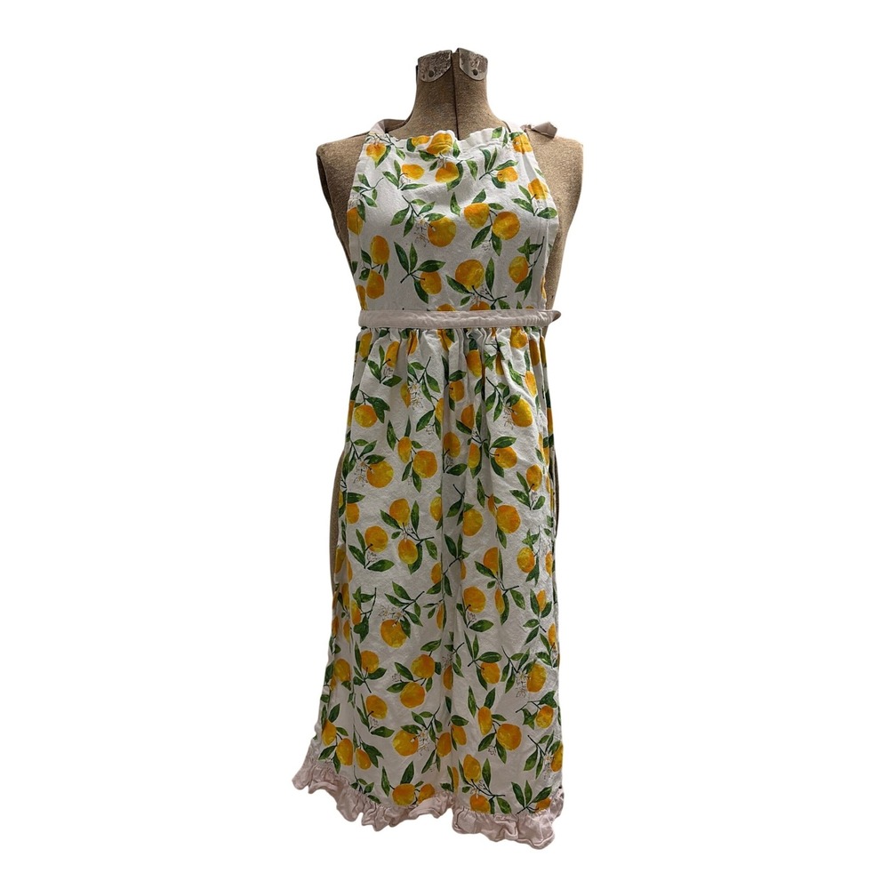 Sur La Table Lemon Print Cotton Apron White Yellow Pink Ruffle Trim cottage